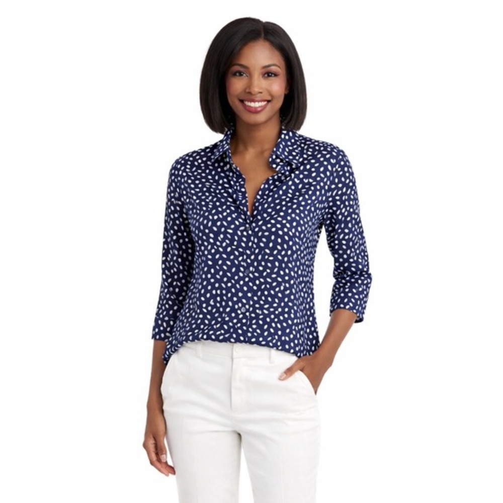 New York‎ & Co Navy Blue White Polka Dot 3/4 Sleeve Stretch Button Shirt 65-42